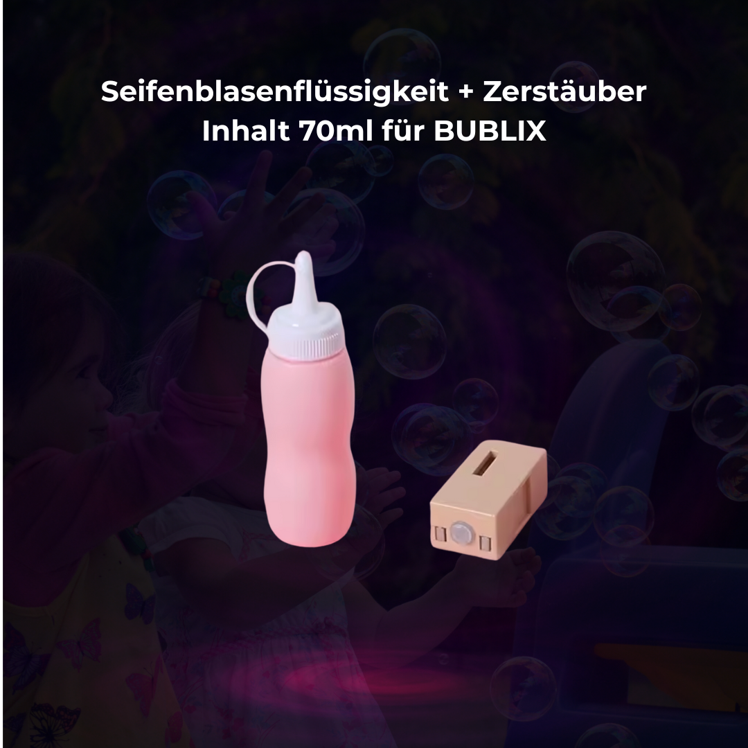 BUBLIX - Zubehör 70 ml Seifenblasenflüssigkeit und Zerstäuber
