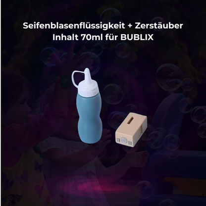 BUBLIX - Zubehör 70 ml Seifenblasenflüssigkeit und Zerstäuber